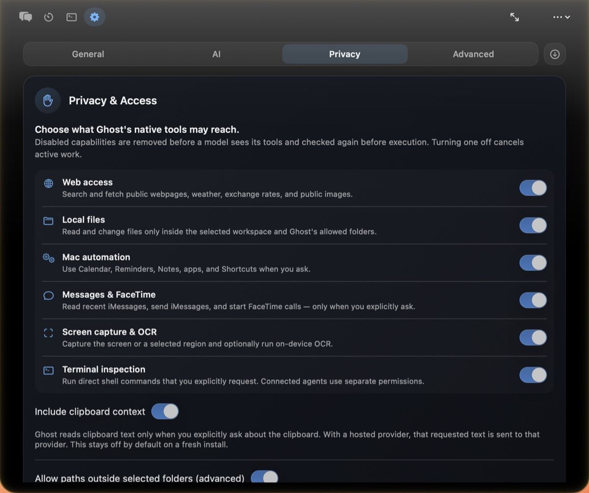A privacy settings pane with seven independent switches, one per capability, each with a one-line description of what it permits.