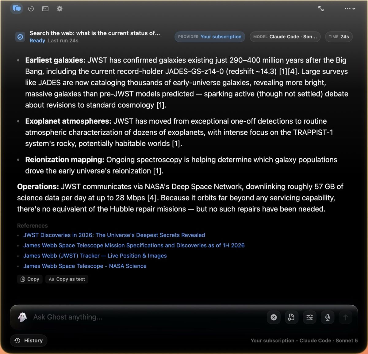 An answer about the James Webb telescope with bracketed numbers after each claim and a references list beneath it.