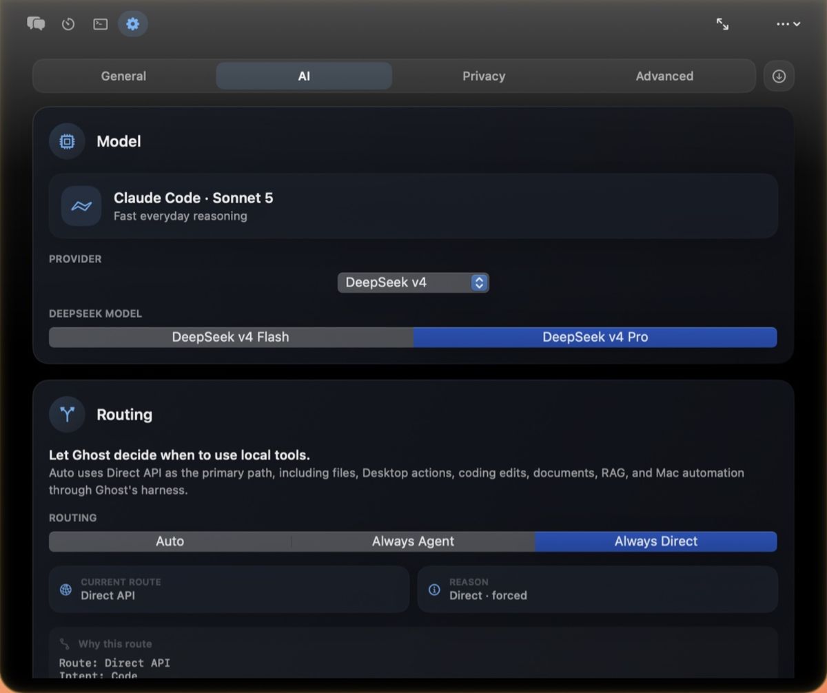 A settings pane listing the active provider and model, the resolved route, and a plain-language reason for that route.